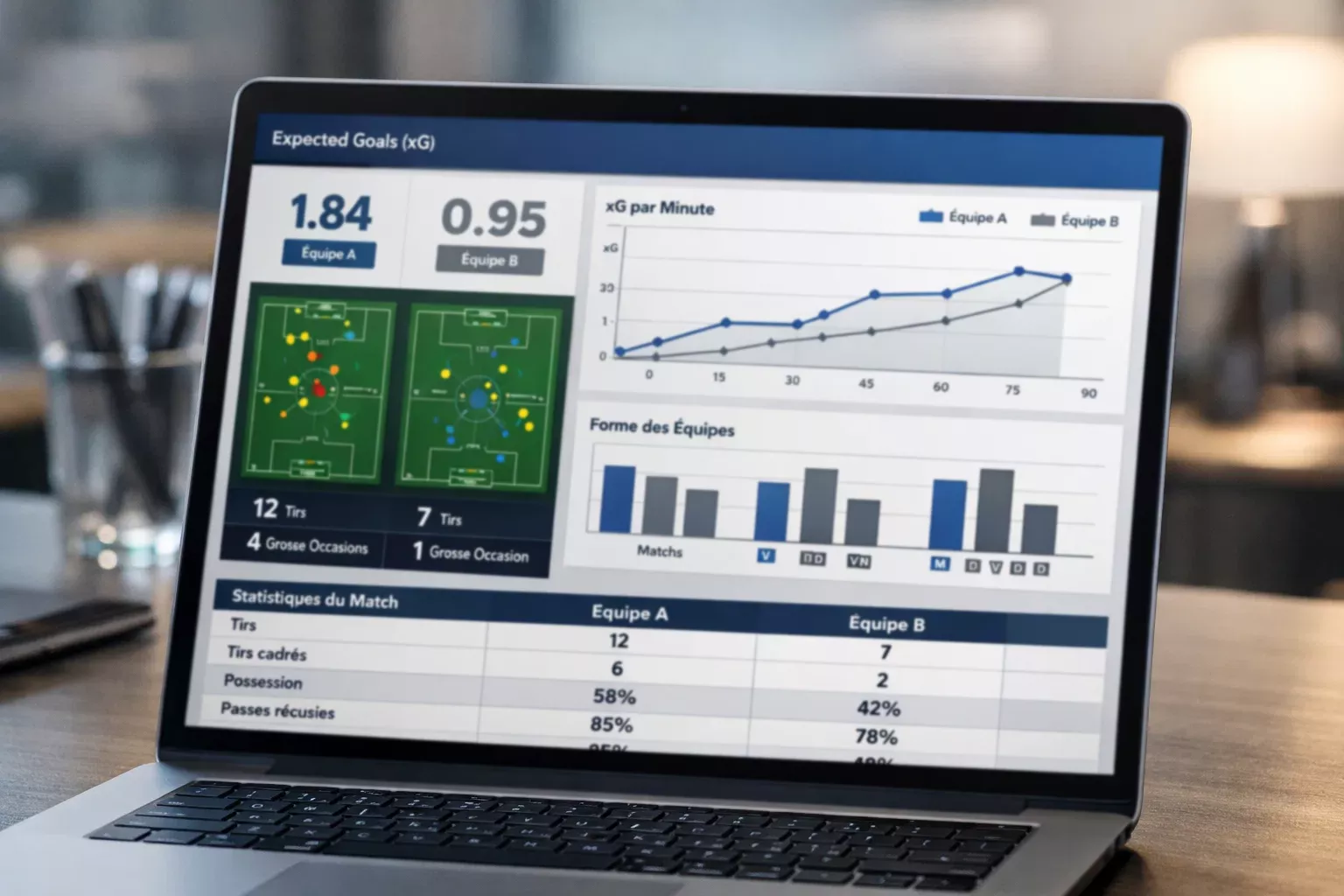 Écran affichant des statistiques xG et données de match de football
