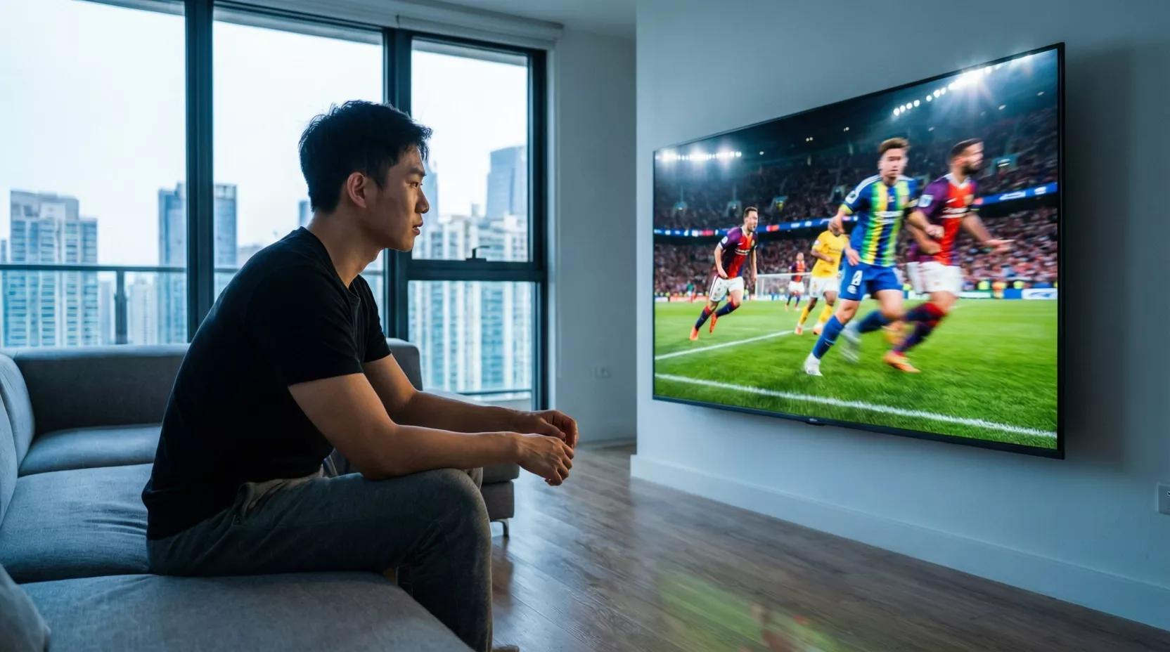 Parieur observant attentivement un match de football sur grand écran