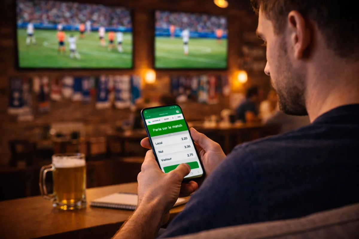 Homme suivant un match de football en direct tout en plaçant un pari sur son téléphone