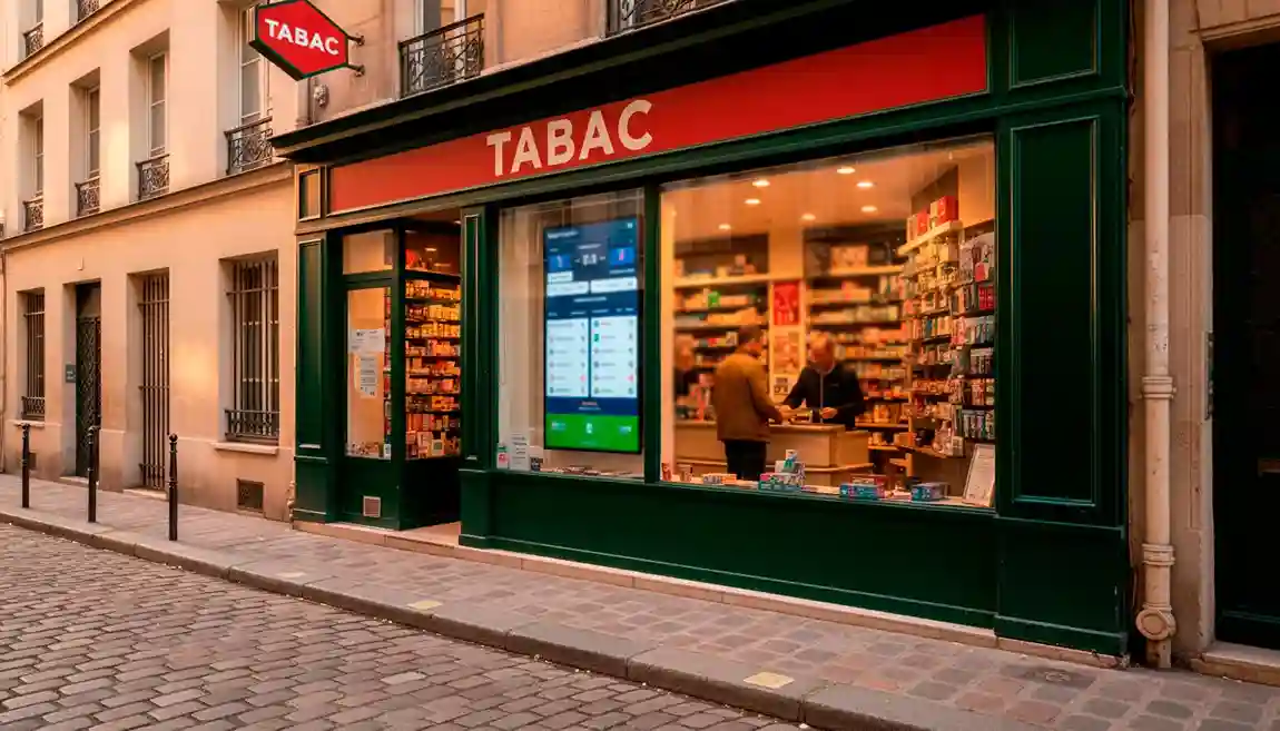 Bureau de tabac français avec un écran affichant des résultats de matchs de football