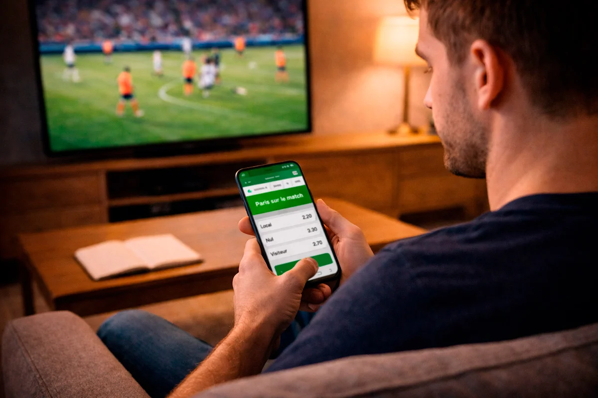 Parieur analysant des cotes de football sur un écran de smartphone dans un salon