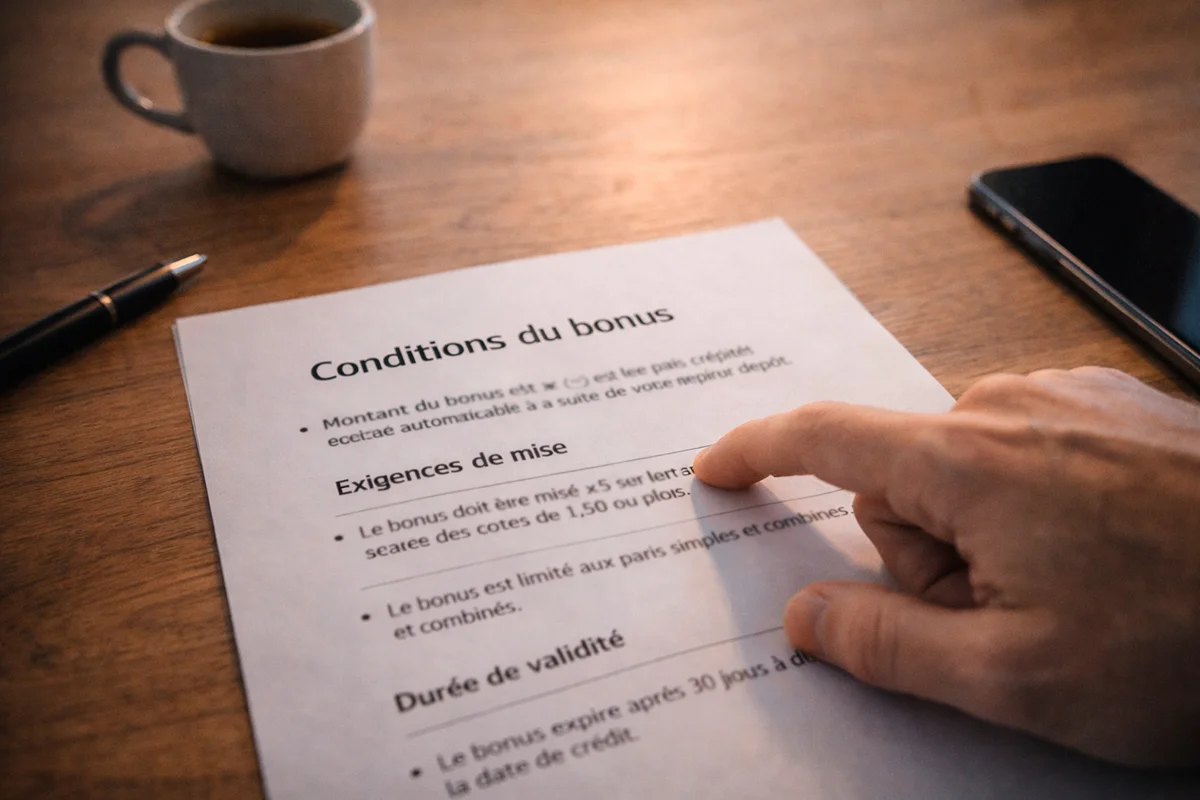 Document imprimé avec des conditions de bonus posé sur un bureau à côté d'un stylo et d'un smartphone