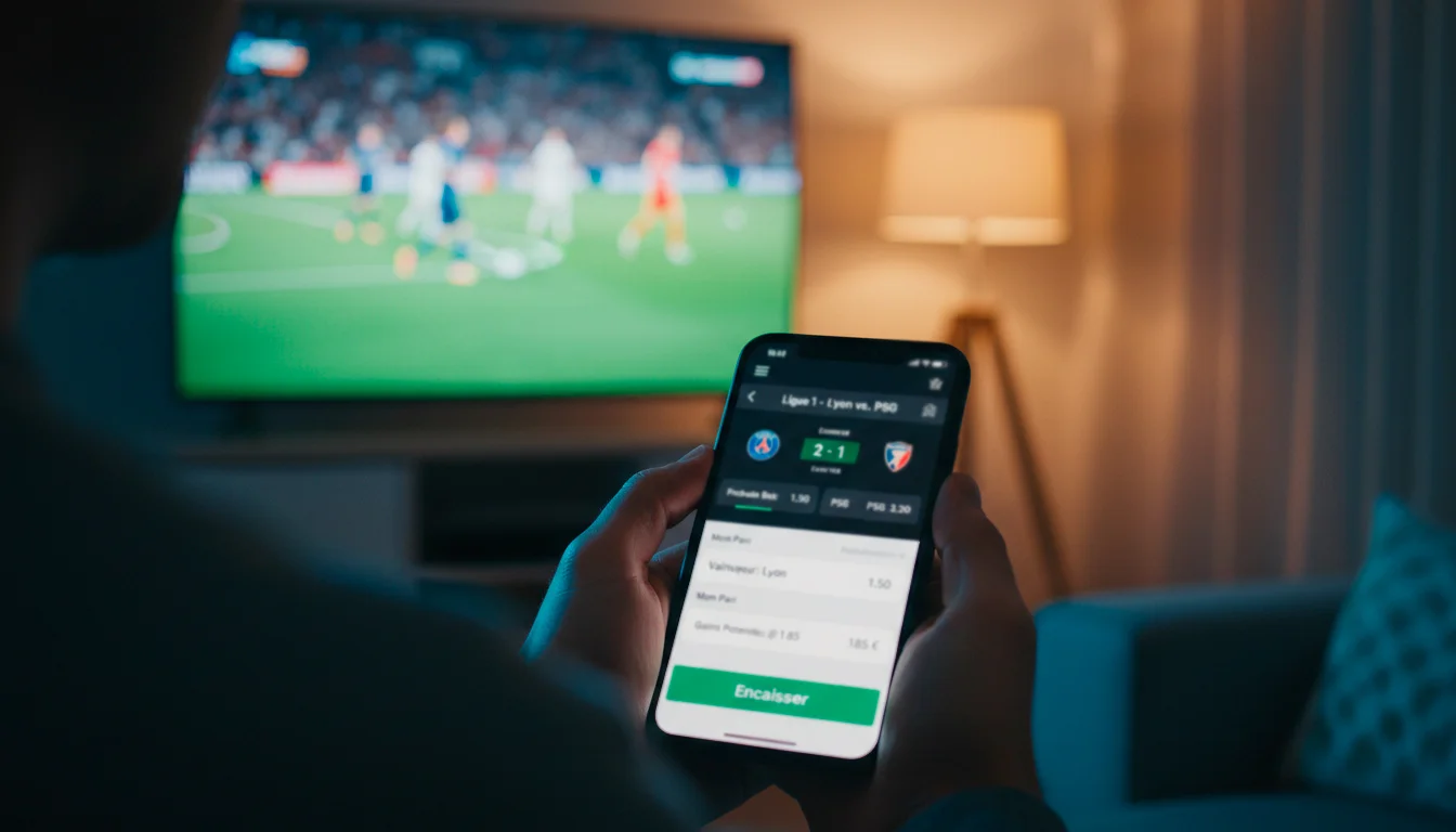 Main d'un homme tenant un smartphone affichant un pari sportif football