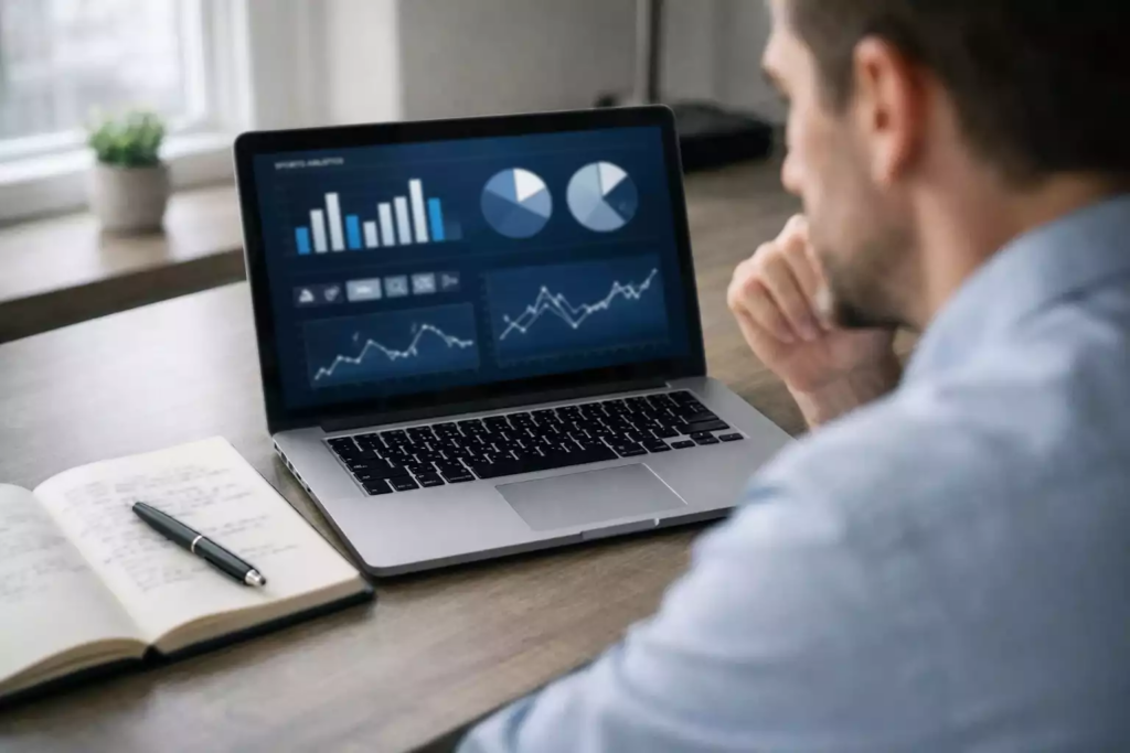 Personne analysant des données sportives sur un ordinateur portable dans un bureau