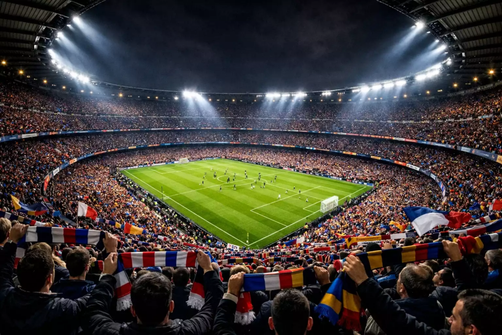 Vue panoramique d'un stade de football européen rempli de spectateurs lors d'un match de nuit