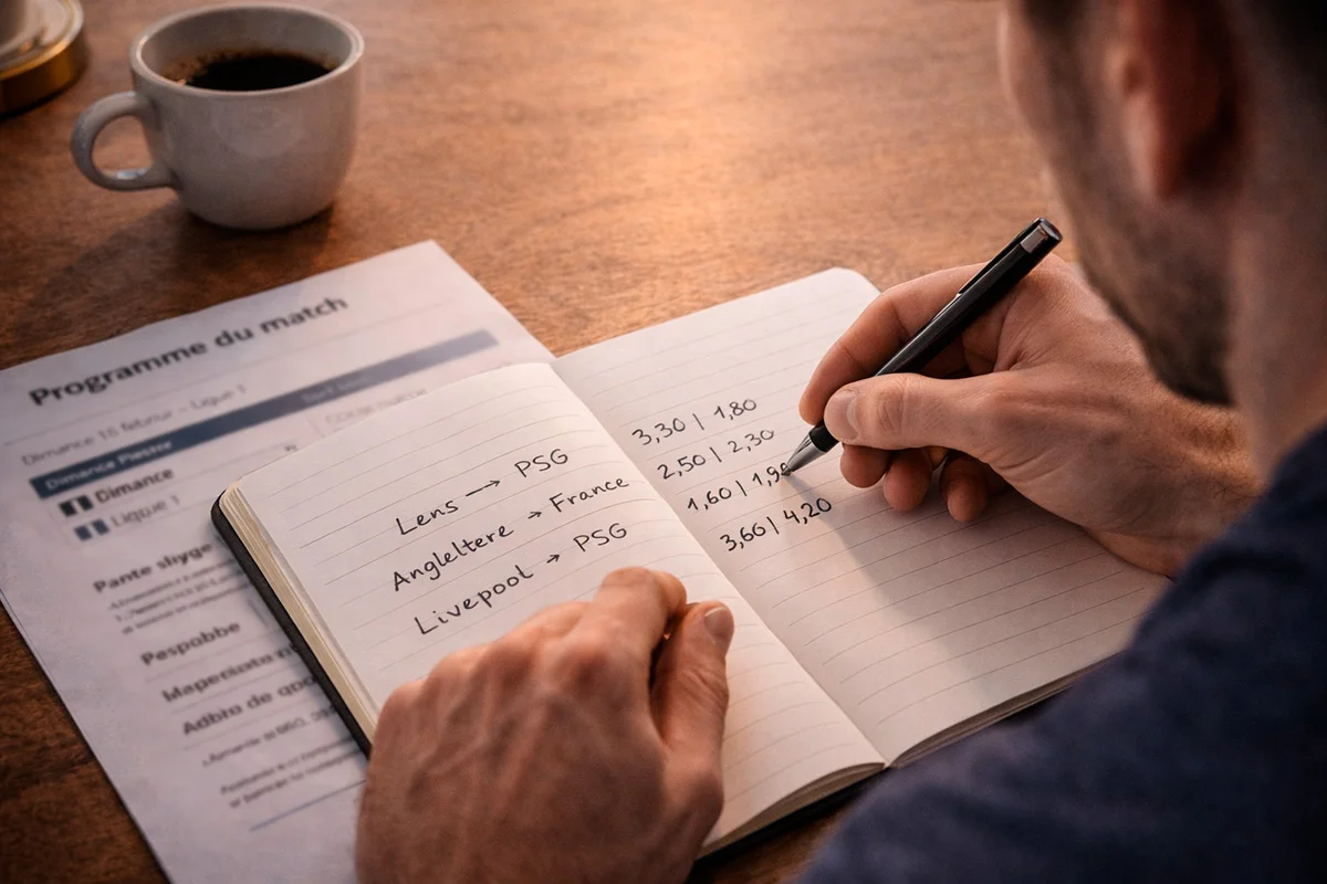 Homme analysant des statistiques de football avec un carnet de notes