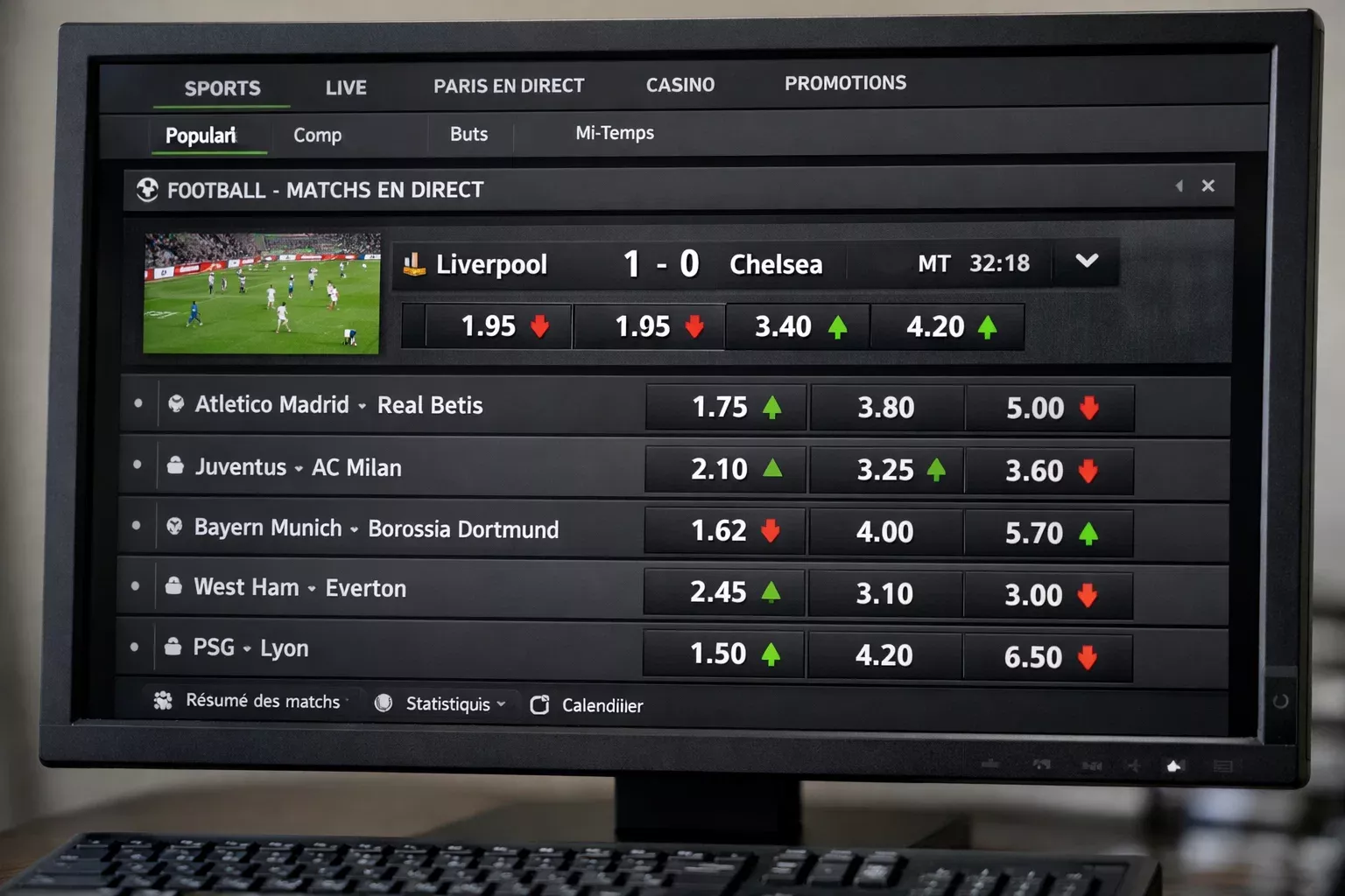 Interface de bookmaker affichant des cotes de football fluctuantes