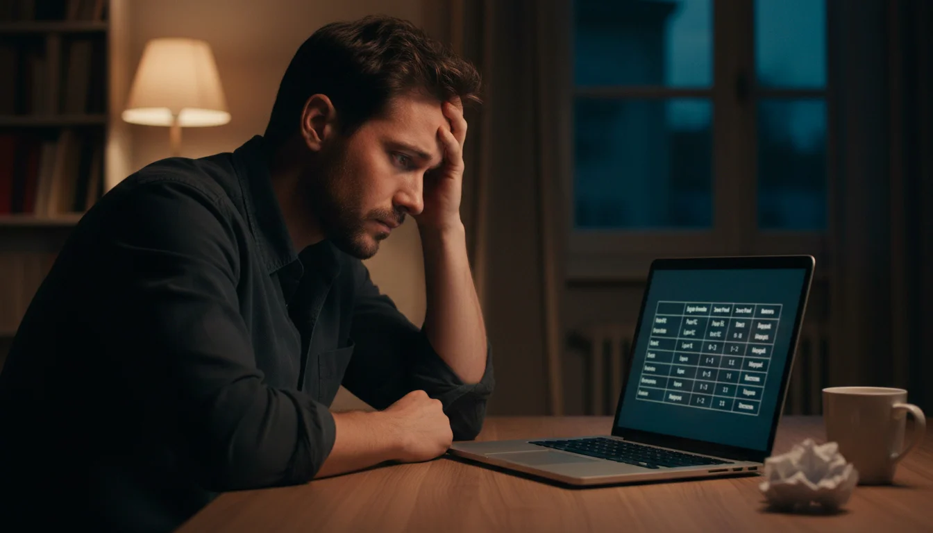 Parieur frustré devant un écran affichant des résultats de matchs de football