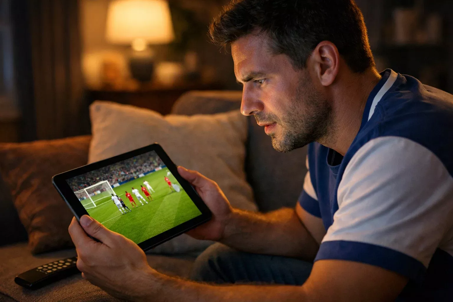 Fan regardant un match de football sur tablette avec application de paris