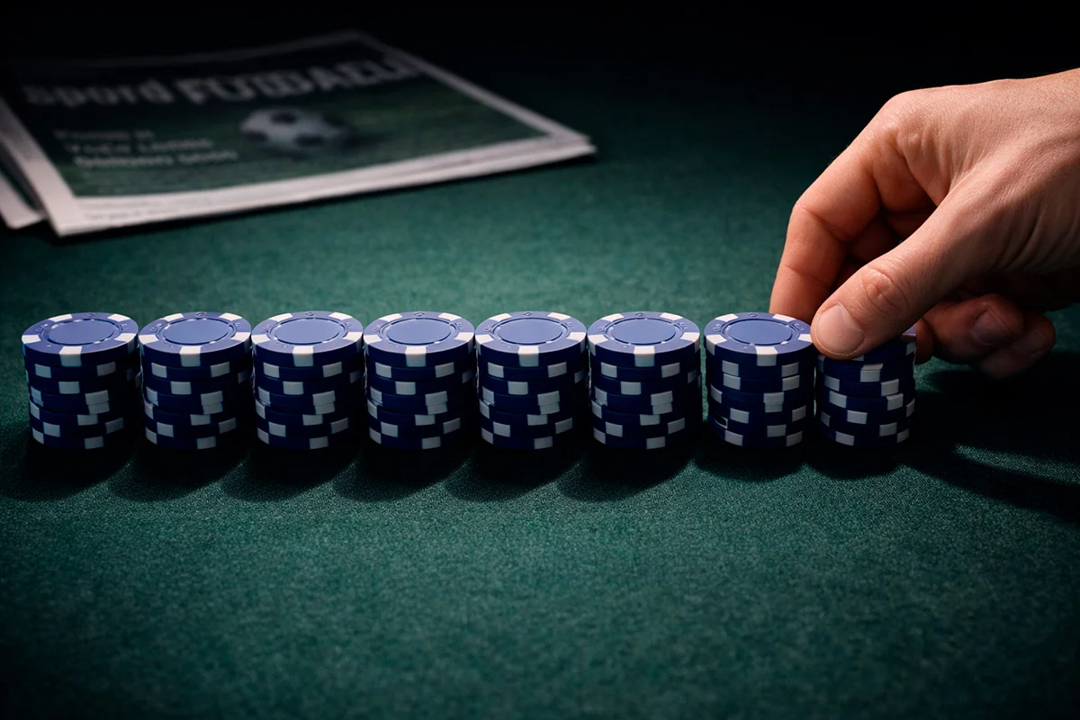 Parieur posant des jetons identiques en ligne sur une table, symbole de mise constante