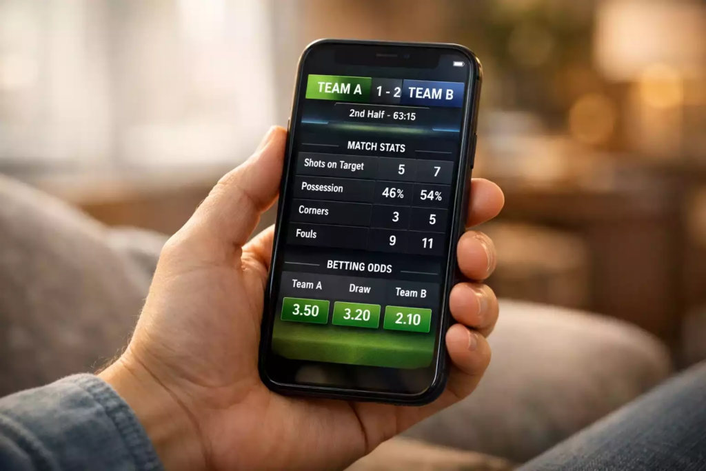 Main tenant un smartphone affichant des cotes de match de football