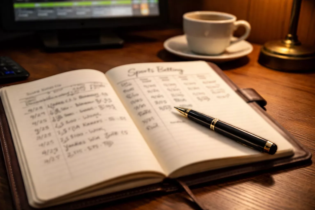 Carnet de notes avec stylo posé sur un bureau pour planifier ses paris sportifs
