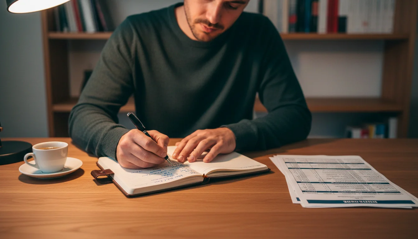 Parieur organisant son budget de paris football avec un carnet et un stylo
