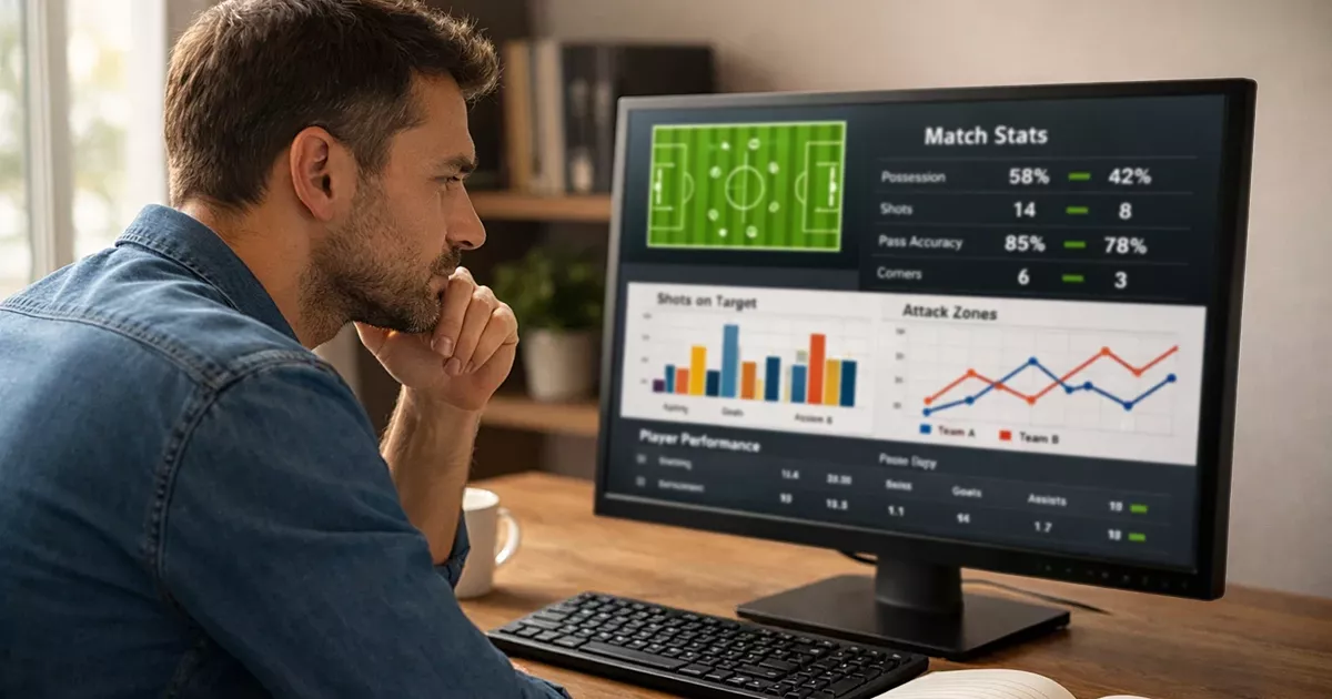 Parieur analysant des statistiques de football sur écran