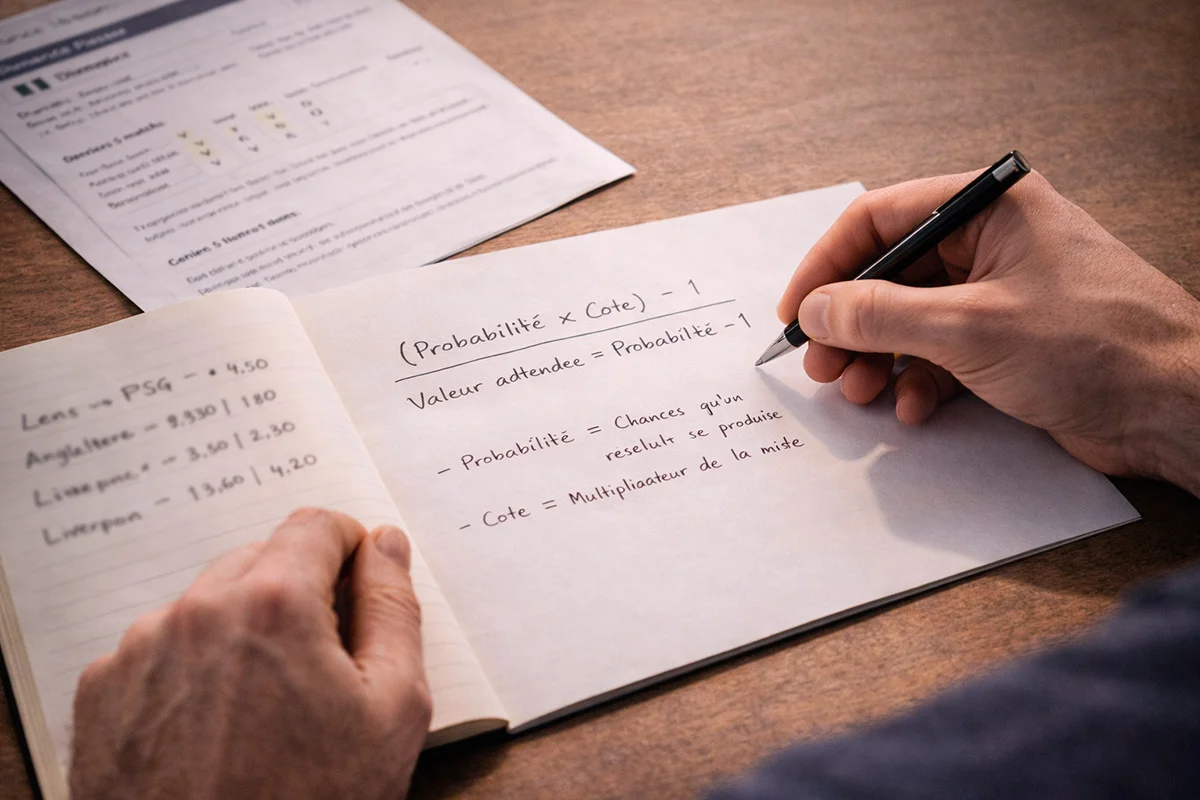 Personne calculant une mise optimale sur un carnet avec des notes de football