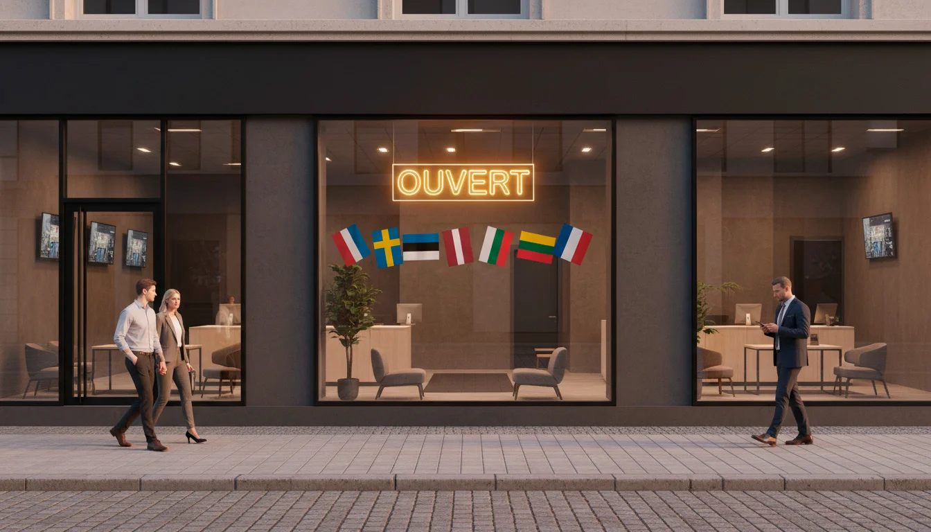 Devanture d'un nouveau bureau de paris sportifs avec des drapeaux européens en vitrine