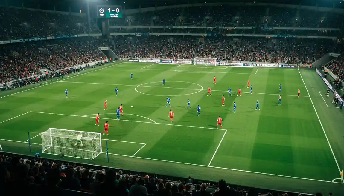Terrain de football vu depuis les tribunes avec un tableau d'affichage montrant le score du match