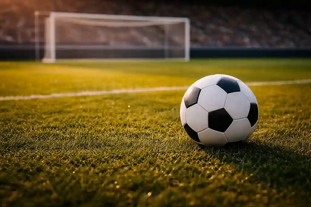 Ballon de football posé sur la pelouse d'un stade avec les filets du but en arrière-plan