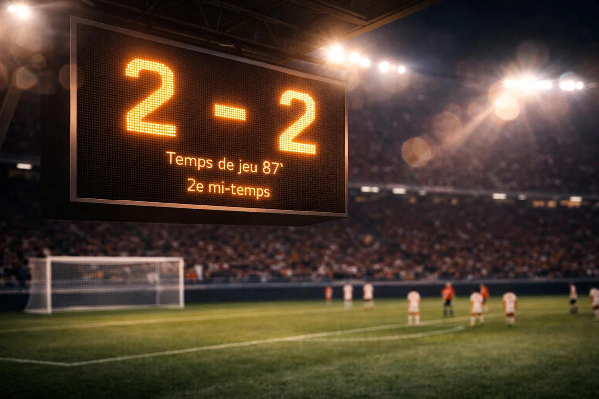 Panneau d'affichage de score dans un stade de football en gros plan