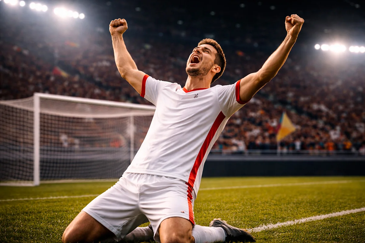 Joueur de football célébrant un but marqué dans un stade éclairé