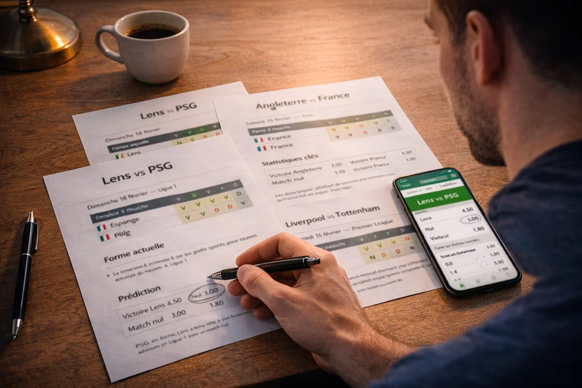 Parieur étudiant plusieurs matchs de football sur des fiches posées sur une table