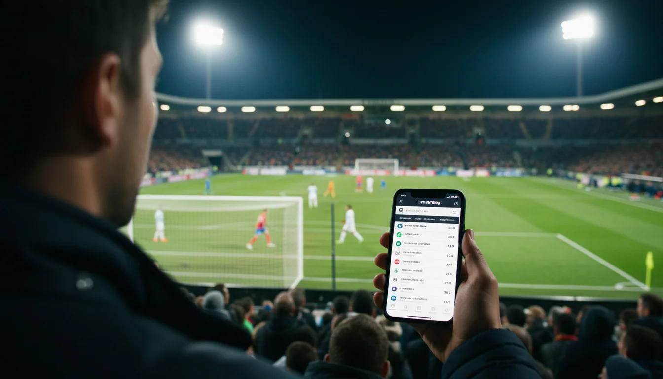 Supporter regardant un match de football en direct sur écran dans un stade