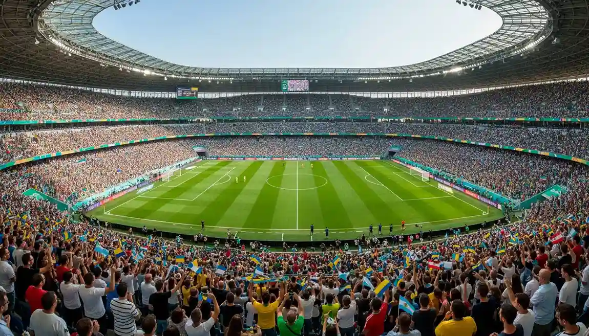 Stade de football international rempli de drapeaux de différentes nations