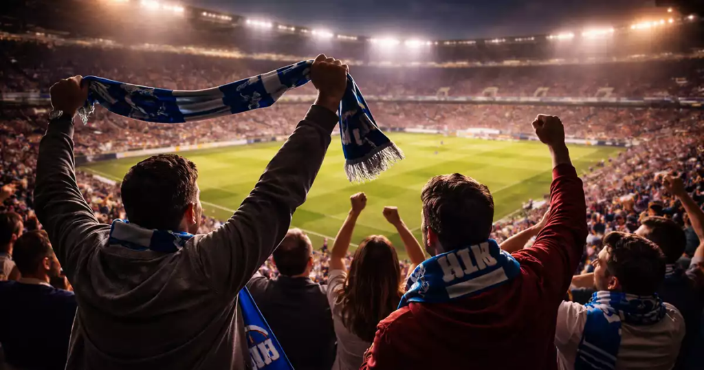 Supporters de football regardant un match dans un stade éclairé de nuit