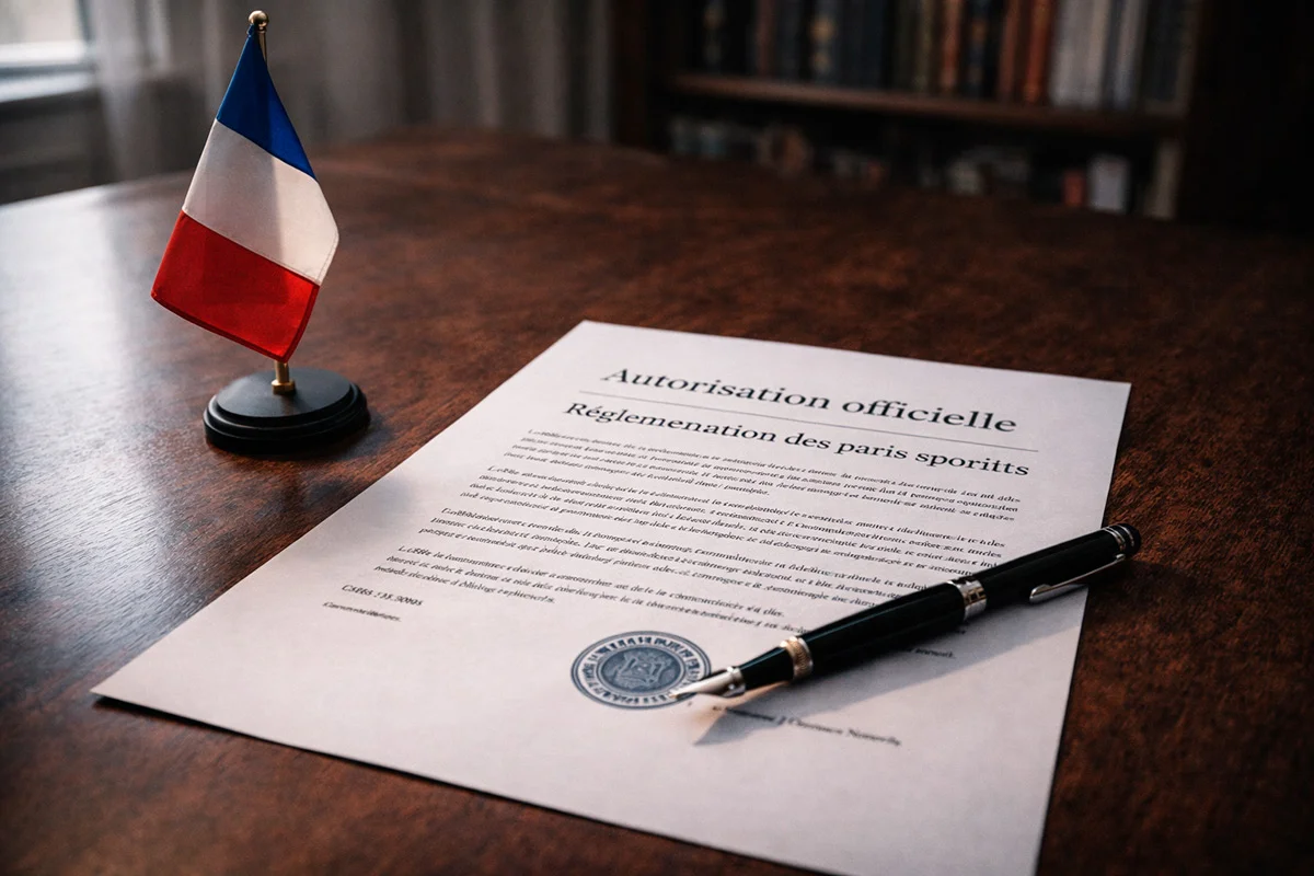 Document officiel posé sur un bureau avec un drapeau français en arrière-plan