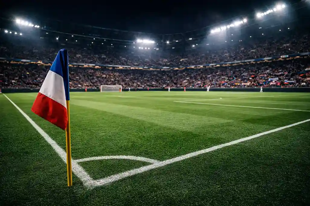 Vue d'un stade de Ligue 1 avec pelouse verte et tribunes remplies de supporters