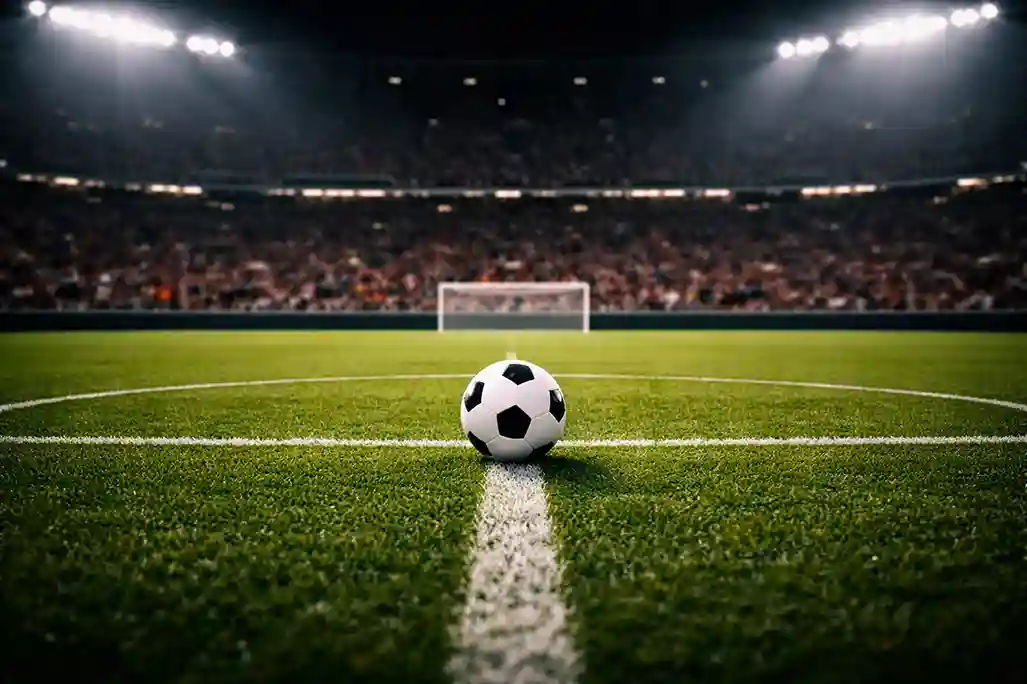 Ballon de football sur une pelouse de stade européen éclairé pour un match nocturne