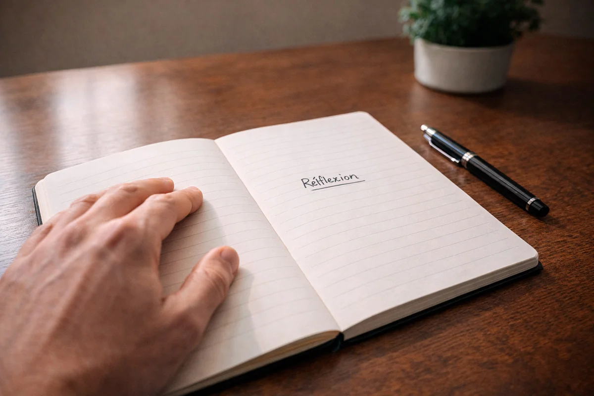 Main posée sur un carnet ouvert avec le mot limites écrit, ambiance calme et réfléchie