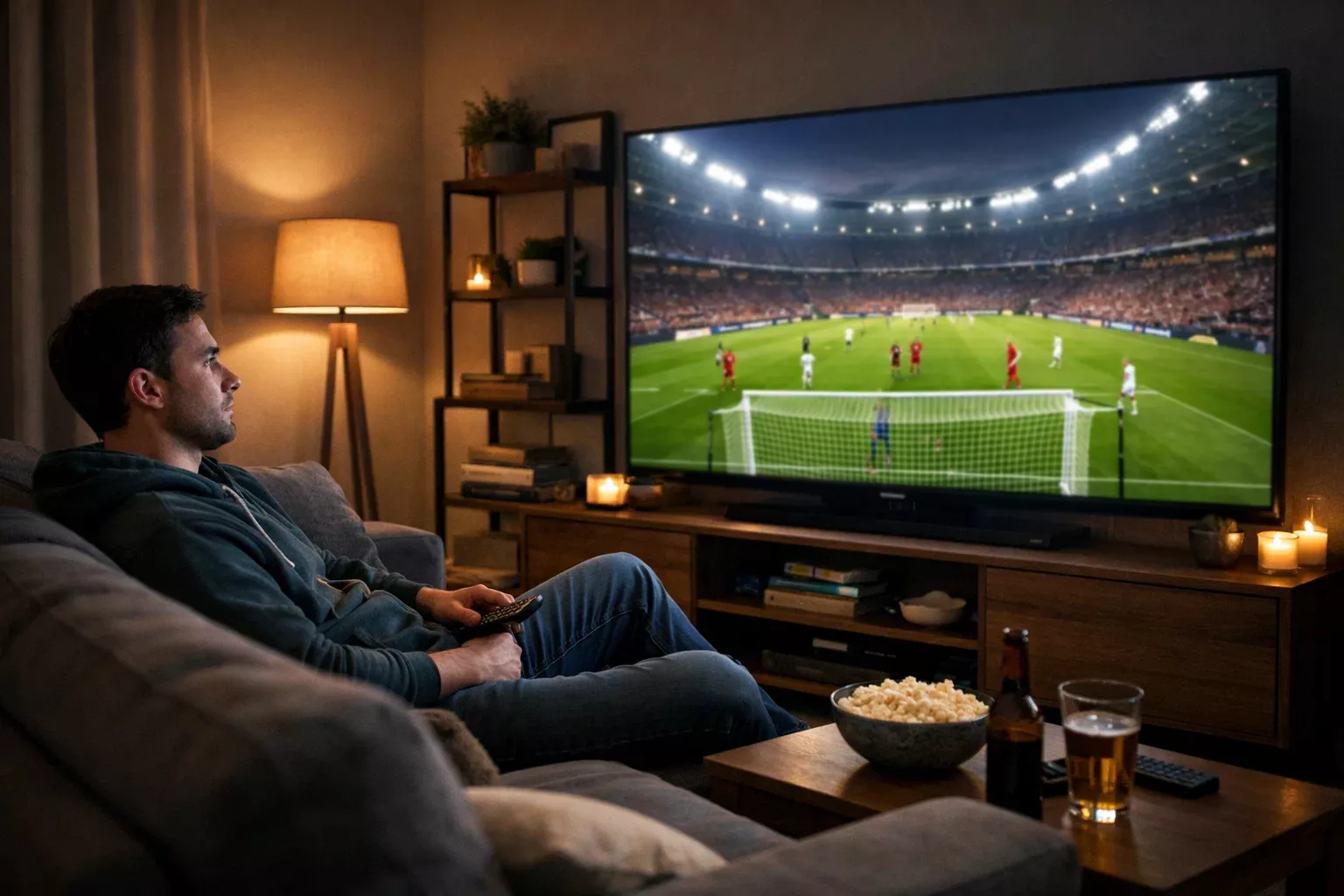 Personne concentrée analysant calmement un match de football