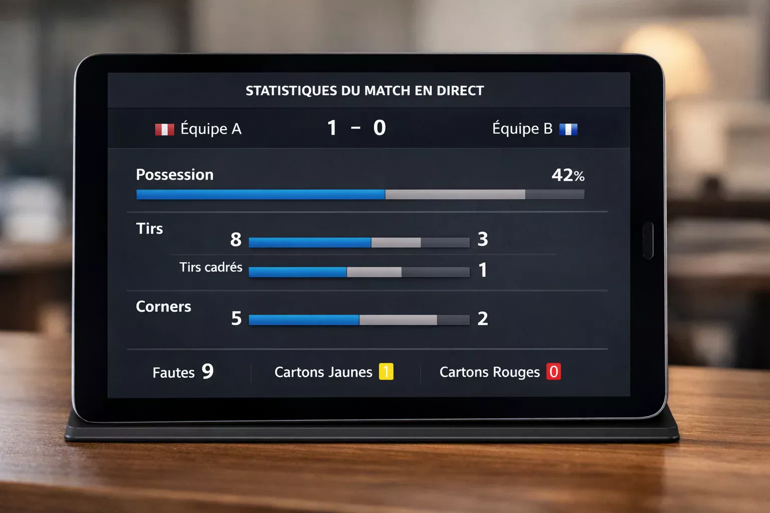 Tableau de statistiques en direct possession tirs corners