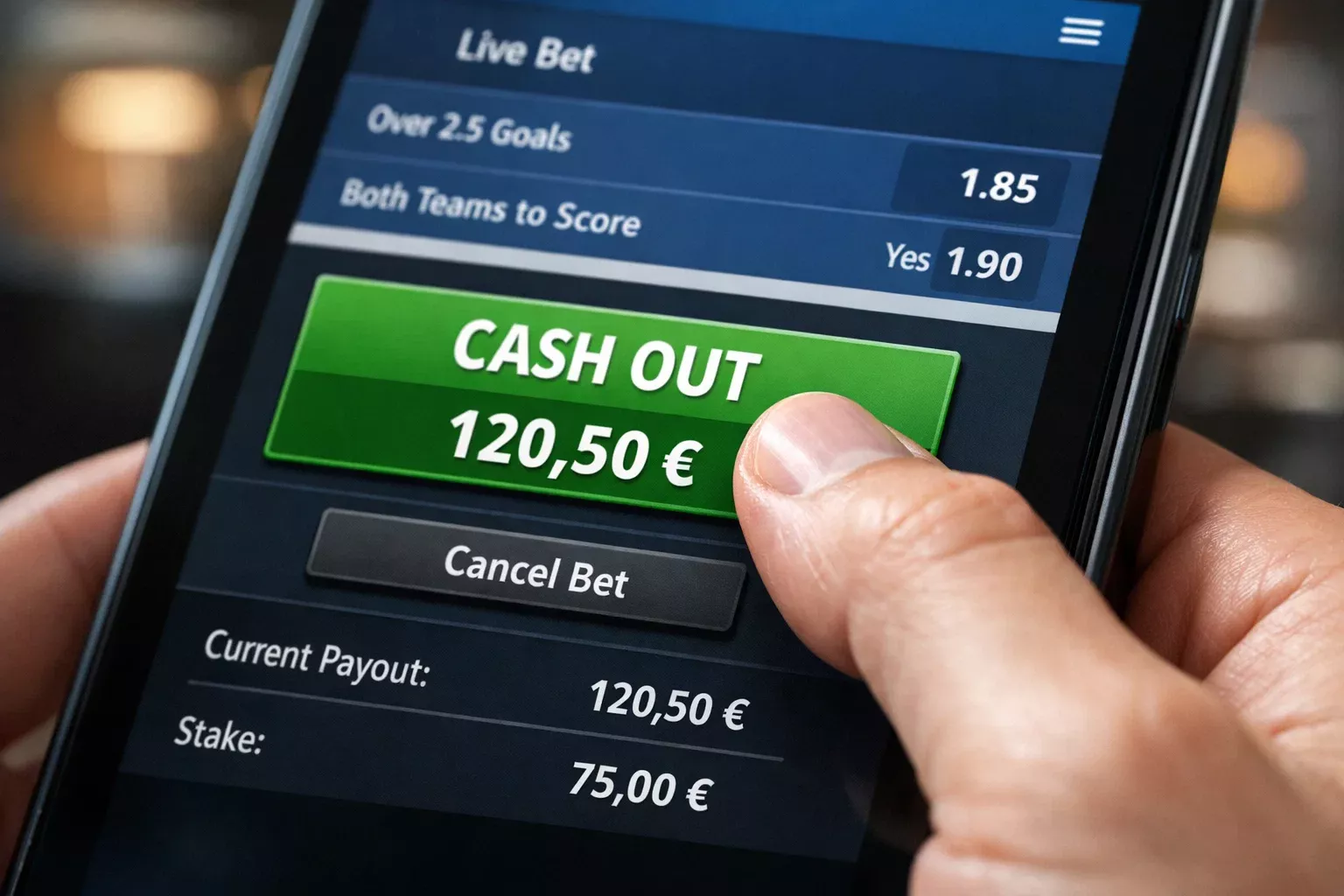 Main appuyant sur bouton cash-out sur écran de pari sportif