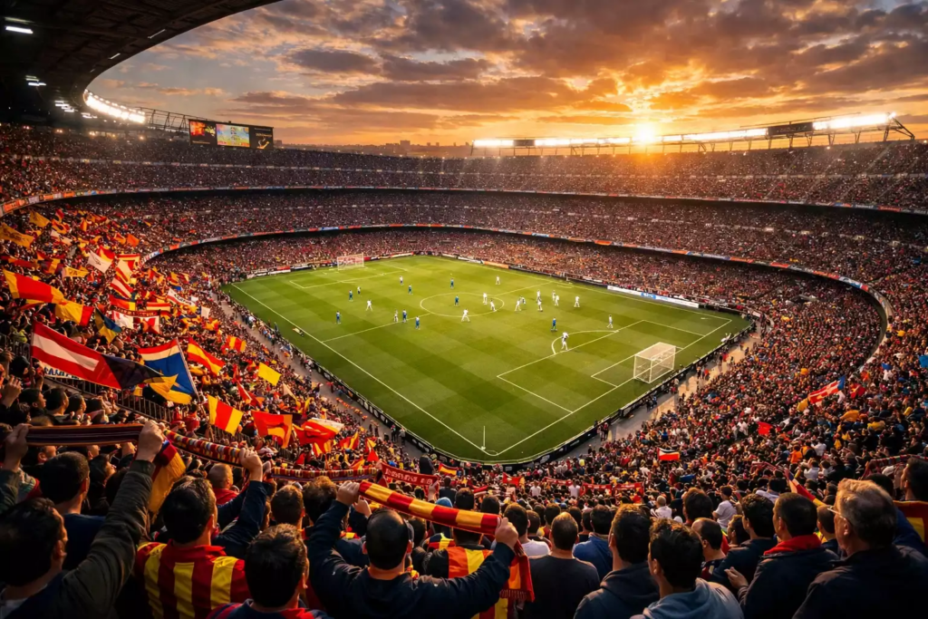 Terrain de football professionnel avec pelouse naturelle vu depuis les tribunes